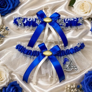 Handmade Detroit Lions Wedding Garter Set, NFL Football Bridal, Royal Blue Satin, Ivory Organza, Keepsake & Toss Garter, Something Blue Gift