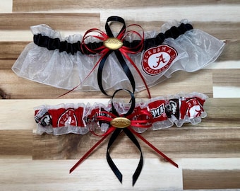 Juego de ligas de boda de satén negro y organza blanca carmesí de la NFL Alabama, hecho a mano.