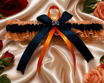 Liga de boda de Halloween, liga nupcial de organza naranja y satén negro, liga de boda con dije de calavera, accesorio para novia gótica