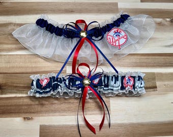 Handcrafted Baseball Wedding Garter Belt Toss or Set W/ White Lace Made  Using New York NY Yankees Fabric