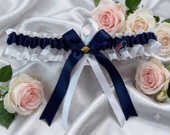 New England Patriots Wedding Garter, Navy Blue Satin and White Organza Bridal Garter, NFL Football Team Theme Bride Gift