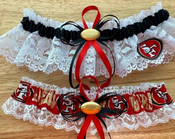 Juego de ligas de boda de satén negro y encaje blanco de los San Francisco 49ers de la NFL hecho a mano.