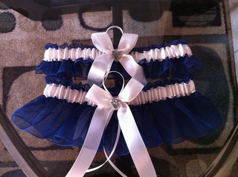 navy blue Organza ivory ribbon Wedding Garter set