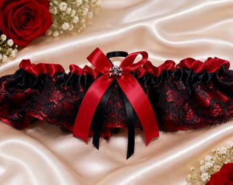 Liga de novia con calavera roja y negra, liga gótica de encaje para la pierna, accesorio de novia hecho a mano