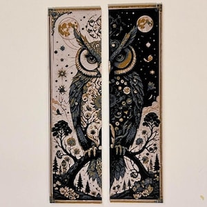 May include: Two rectangular panels feature an owl illustration. One panel shows a daytime scene with a full moon, the other a nighttime scene. The owl is perched on a branch, with intricate details in blue, gold, and white. The artwork is divided into two halves.