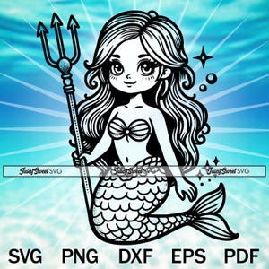 Può includere: Illustrazione in bianco e nero di una sirena che tiene un tridente. La sirena ha lunghi capelli fluenti e un reggiseno a conchiglia. La coda della sirena è adornata da squame.