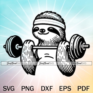 Sloth Lifting Weights - SVG Fitness Outline Design for Cricut, Printing, or Laser Engraving - Vector Graphic Art + png dxf eps pdf Files
