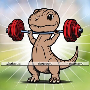 Bebé T-Rex levantando pesas - Esquema SVG de dinosaurio fitness y diseño a color - Impresión en Cricut/camisetas/grabado láser, arte vectorial + archivos PNG y DXF
