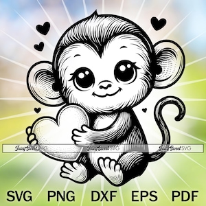Süßer Baby Affe mit Herz SVG für Cricut Silhouette oder Lasergravur - Original Vektorgrafik Umriss oder Clip Art + png dxf eps pdf