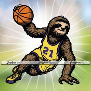 Perezoso de baloncesto - Conjunto de diseños SVG de contorno y color para Cricut/Camiseta/Impresión/Grabado láser - Arte gráfico vectorial + archivos png y dxf
