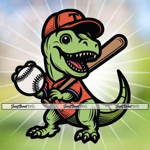 T-Rex jugando béisbol - Dinosaurio SVG, contorno y diseño coloreado para Cricut, impresión y grabado láser - Imágenes prediseñadas vectoriales + archivos PNG y DXF