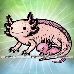 Axolote com bebê - Design de contorno SVG para o Dia das Mães para Cricut ou gravação a laser - Clip Art vetorial - família/pai/cuidados infantis