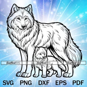 Mère louve et son chiot - Conception du contour SVG fête des mères pour Cricut ou gravure au laser - Clip Art graphique vectoriel + fichiers png dxf eps pdf