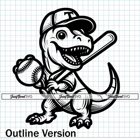 T-rex Playing Baseball - Dinosaur SVG Outline and Colored Design