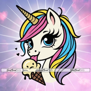 Unicornio con helado - Diseño SVG con contorno y color para Cricut, grabado láser e impresión en camisetas - Arte vectorial + archivos PNG y DXF