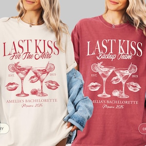 Koszulka Last Kiss to the Miss, Koszulka Bach Comfort Colors, Koszulka Custom Martini Cocktail Party, Strój na wieczór panieński dla dziewczyn, Koszulka Bride Squad