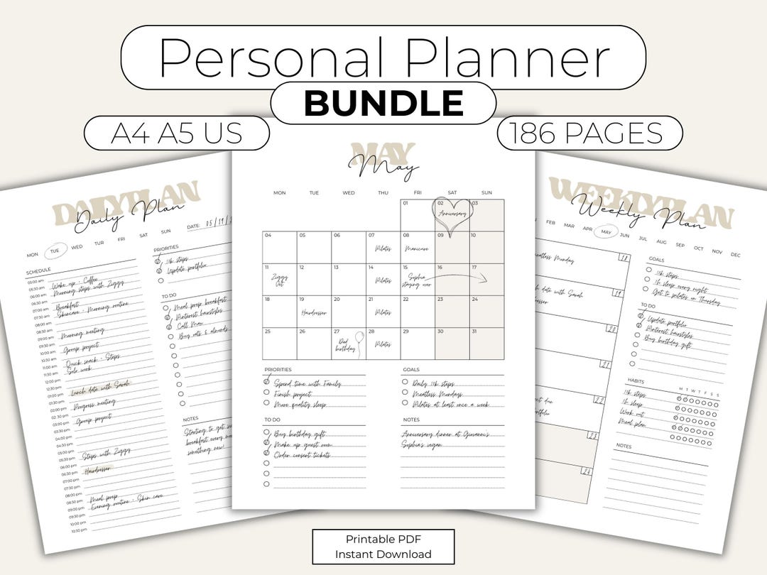 Daily Weekly Monthly Planner Bundle | Printable Planner PDF | A4 A5 US ...