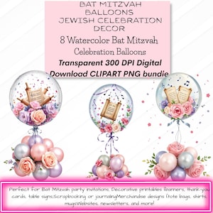 Watercolor Bat Mitzvah Balloon Clipart: Torah, Florals (Digital Download)