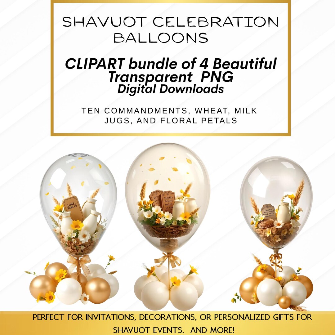 Shavuot Balloon Clipart Bundle: Ten Commandments, Wheat, Milk (digital ...