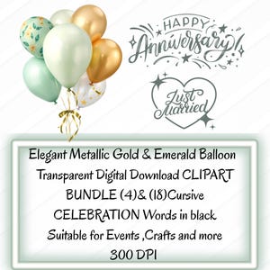 Emerald & Gold Balloon Clipart: Watercolor PNG Set (Digital Download
