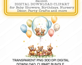 Aquarell Teddybär Ballon Clipart, Babyparty PNG (digitaler Download)