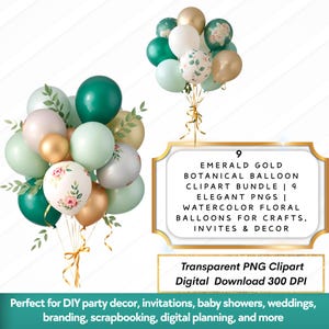 Emerald Gold Balloon Clipart: Watercolor Floral PNG Bundle (Digital Download