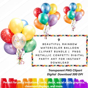 Pacchetto di clipart di palloncini arcobaleno ad acquerello / 9 PNG vivaci / Arte digitale per feste con coriandoli metallici / Download digitale istantaneo trasparente