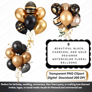 8 Elegant Balloon Cluster PNGs – Black, Charcoal & Gold Foil Clipart for Luxury Events, Digital Decor, Party Crafts- Digital download