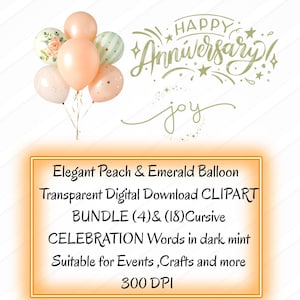 Pastel pêche & menthe clipart ballon 3 PNGs et 22 mots cursifs élégant aquarelle transparent téléchargement numérique pour cartes, invitations, décoration