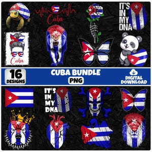 May include: A digital download bundle featuring 16 designs with Cuban themes. Includes images of the Cuban flag, a lion with a red, white, and blue mane, butterflies, and the text "It's in my DNA".
