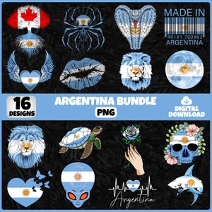 May include: A digital download bundle featuring 16 designs with an Argentina theme. The designs include a variety of images such as a lion, a cobra, a spider, a turtle, a heart with wings, a skull, and a shark, all incorporating the colors of the Argentinian flag.