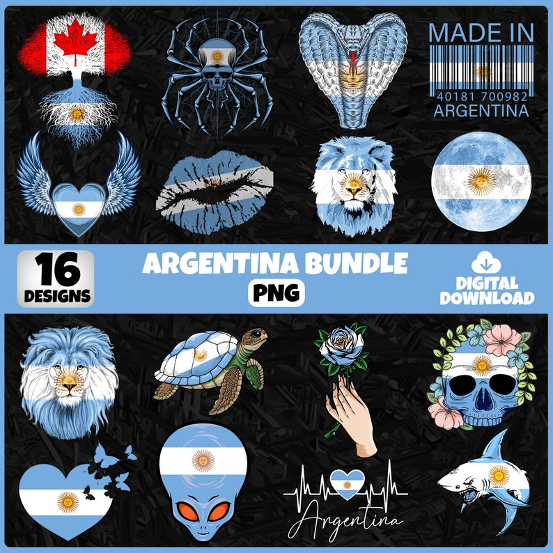 May include: A digital download bundle featuring 16 designs with an Argentina theme. The designs include a variety of images such as a lion, a cobra, a spider, a turtle, a heart with wings, a skull, and a shark, all incorporating the colors of the Argentinian flag.