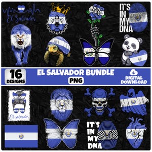 May include: A digital download bundle featuring 16 El Salvador designs. The designs include a lion, a turtle, a butterfly, a panda, a skull, a ghost, a heart, and a flag. The text "El Salvador" and "It's in my DNA" are also included.