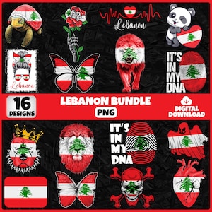 Może przedstawiać: Cyfrowy pakiet do pobrania zawierający 16 wzorów z motywami libańskimi. Wzory obejmują żółwia, różę, lwa, pandę, motyla, odcisk palca, ducha, serce, czaszkę i psa, wszystkie z flagą libańską.