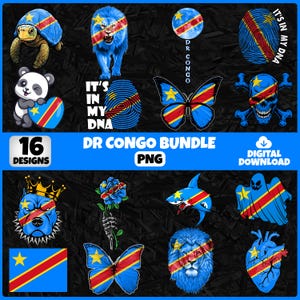 Könnte beinhalten: Ein digitales Download-Bundle mit 16 Designs mit der Flagge der Demokratischen Republik Kongo. Die Designs umfassen eine Schildkröte, einen Löwen, einen Panda, einen Schmetterling, einen Totenkopf, einen Hund, eine Rose, einen Hai, einen Geist und ein Herz. Der Text "DR CONGO BUNDLE PNG" ist ebenfalls enthalten.