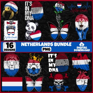 Op de afbeelding: Een digitale downloadbundel met 16 ontwerpen met het thema Nederland. De ontwerpen omvatten een schildpad, panda, leeuw, vlinder en schedel, allemaal met de kleuren van de Nederlandse vlag. Tekst bevat "It's in my DNA" en "Netherlands".