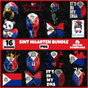 May include: A digital download bundle featuring 16 Sint Maarten designs. The designs include a turtle, panda, lion, butterfly, rose, skull, ghost, heart, bulldog, and fingerprint, all in the colors of the Sint Maarten flag. Text includes "Sint Maarten", "It's in my DNA", and "16 Designs".