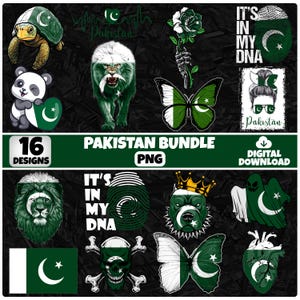 Pode incluir: Um pacote de download digital com 16 designs com tema do Paquistão. Os designs incluem um leão, um panda, uma borboleta e uma tartaruga, todos incorporando as cores da bandeira paquistanesa. O texto "PAKISTAN BUNDLE PNG" também está incluído.