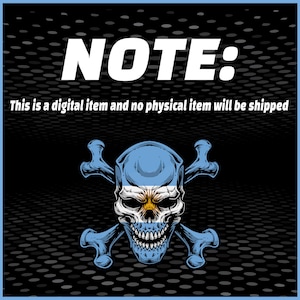 May include: Digital graphic featuring a skull with the Argentinian flag design, crossed bones, and the word "NOTE:" in white. The text below states, "This is a digital item and no physical item will be shipped."