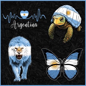 May include: Digital illustration featuring Argentina's flag on a lion, turtle, and butterfly. The word "Argentina" is written in cursive. The background is black with a blue border.