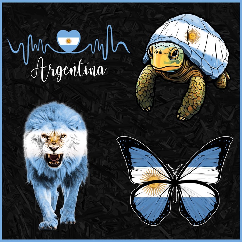 May include: Digital illustration featuring Argentina's flag on a lion, turtle, and butterfly. The word "Argentina" is written in cursive. The background is black with a blue border.
