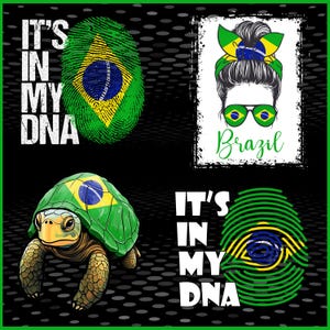 Puede incluir: Gr&aacute;fico cuadrado con fondo negro y borde verde. Presenta cuatro im&aacute;genes: una huella dactilar con la bandera brasile&ntilde;a, una mujer con un peinado tem&aacute;tico de Brasil, una tortuga con un caparaz&oacute;n de la bandera brasile&ntilde;a y otra huella dactilar con la bandera brasile&ntilde;a. El texto "IT'S IN MY DNA" aparece dos veces.