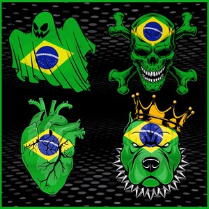 Puede incluir: Ilustraci&oacute;n digital con tem&aacute;tica de la bandera brasile&ntilde;a. Incluye un fantasma, una calavera con huesos cruzados, un coraz&oacute;n anat&oacute;mico y un perro con corona, todo en verde, amarillo y azul.