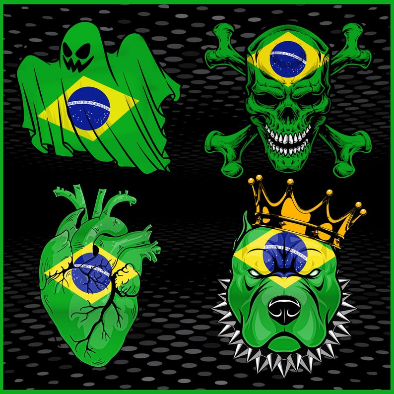 Puede incluir: Ilustraci&oacute;n digital con tem&aacute;tica de la bandera brasile&ntilde;a. Incluye un fantasma, una calavera con huesos cruzados, un coraz&oacute;n anat&oacute;mico y un perro con corona, todo en verde, amarillo y azul.