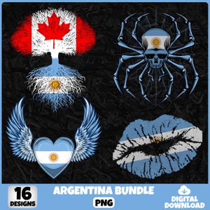 May include: Digital download bundle featuring 16 designs with an Argentina theme. Includes a tree with Canadian and Argentinian flags, a spider skull, a heart with wings, and a kiss print, all in blue and white.