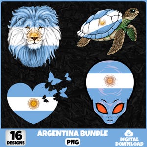 May include: A digital download bundle featuring 16 designs with an Argentina theme. The designs include a lion, a turtle, a heart with butterflies, and an alien, all incorporating the Argentinian flag colors and sun emblem. The text "ARGENTINA BUNDLE PNG" is also included.