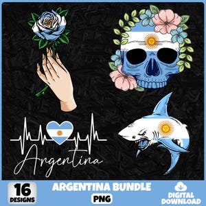 May include: A digital download bundle featuring 16 designs with an Argentina theme. Includes a hand holding a rose, a skull with floral accents, a shark, and a heartbeat design with the word "Argentina". The designs incorporate the colors of the Argentinian flag.