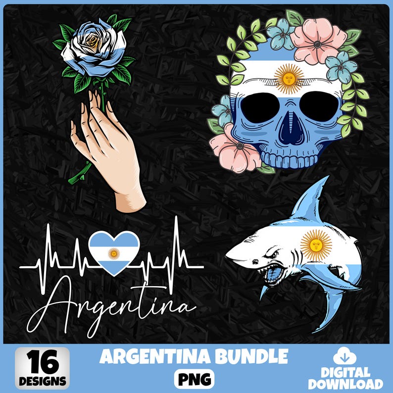 May include: A digital download bundle featuring 16 designs with an Argentina theme. Includes a hand holding a rose, a skull with floral accents, a shark, and a heartbeat design with the word "Argentina". The designs incorporate the colors of the Argentinian flag.