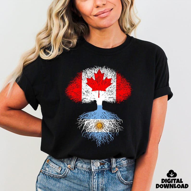 May include: Black t-shirt featuring a tree design with the Canadian flag as the crown and the Argentinian flag as the roots. The shirt has a digital download icon in the bottom right corner.