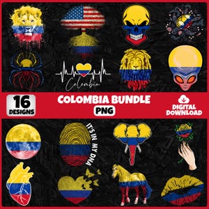 May include: A digital download bundle showcasing 16 designs with Colombian flag motifs. Designs include a lion, skull, spider, heart, and more, all incorporating the colours of the Colombian flag. The text "COLOMBIA BUNDLE PNG" is displayed on a red background.